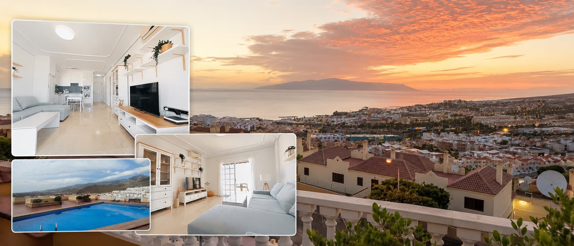 Apartmán Costa Adeje — interiér, bazén a výhled na západ slunce nad oceánem